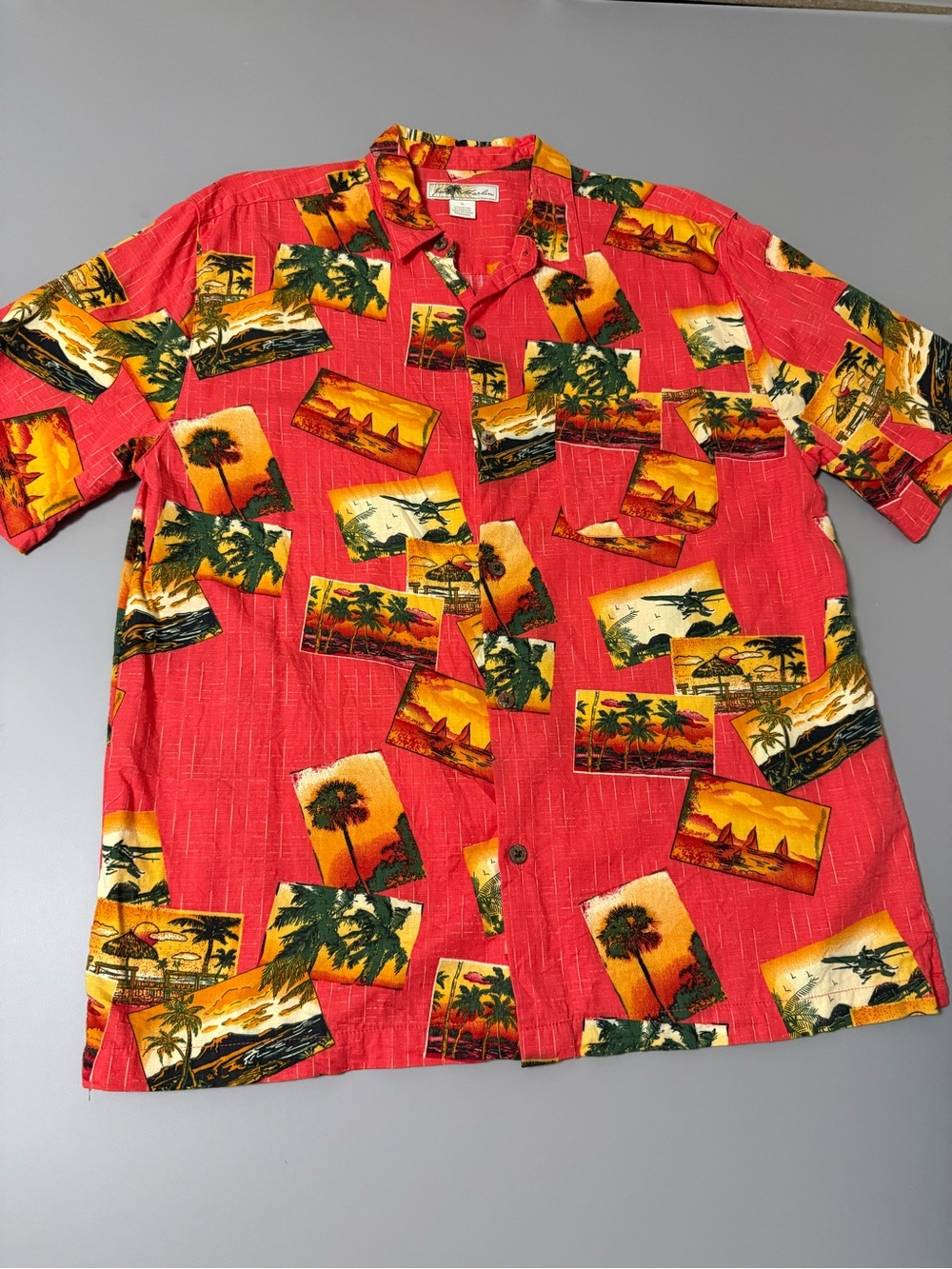 Vintage 90’s Joe Marlin XL Red Tropical Print Button Down‎ Shirt. H26